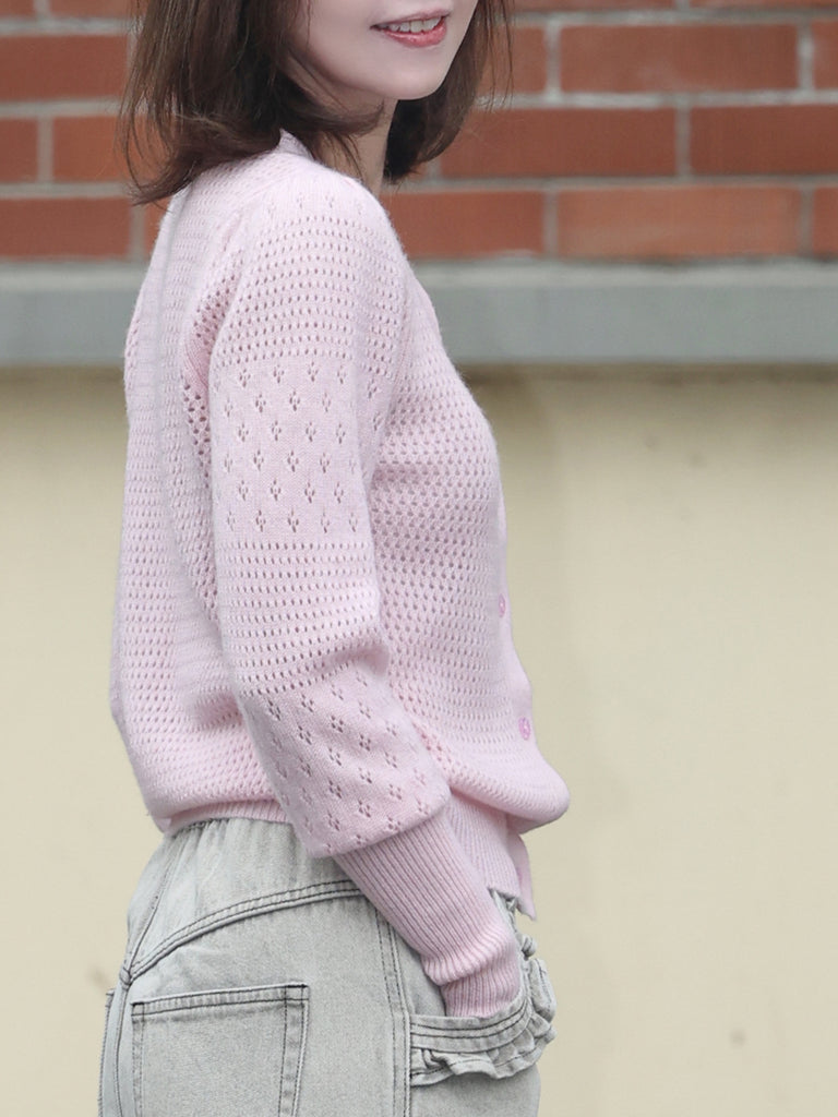 Soft Pink Pointelle Stitches Cashmere Wool Blend Cardigan