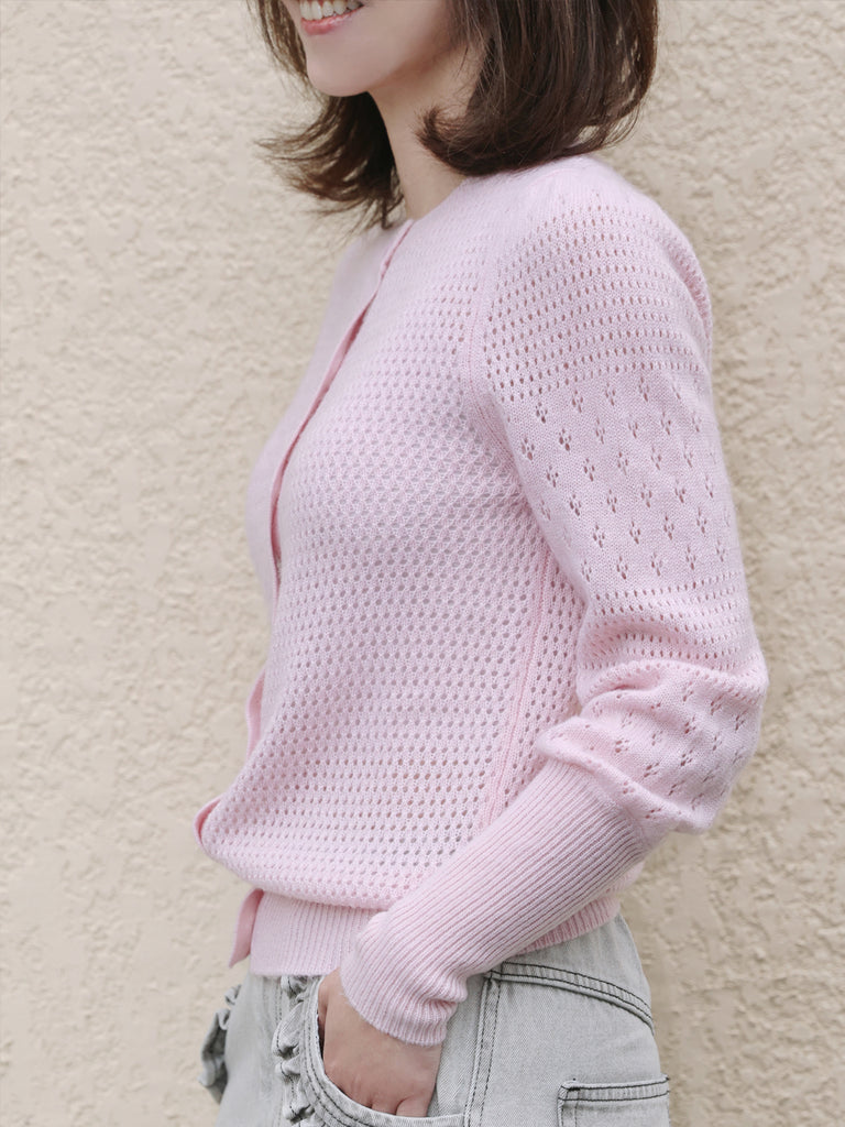 Soft Pink Pointelle Stitches Cashmere Wool Blend Cardigan