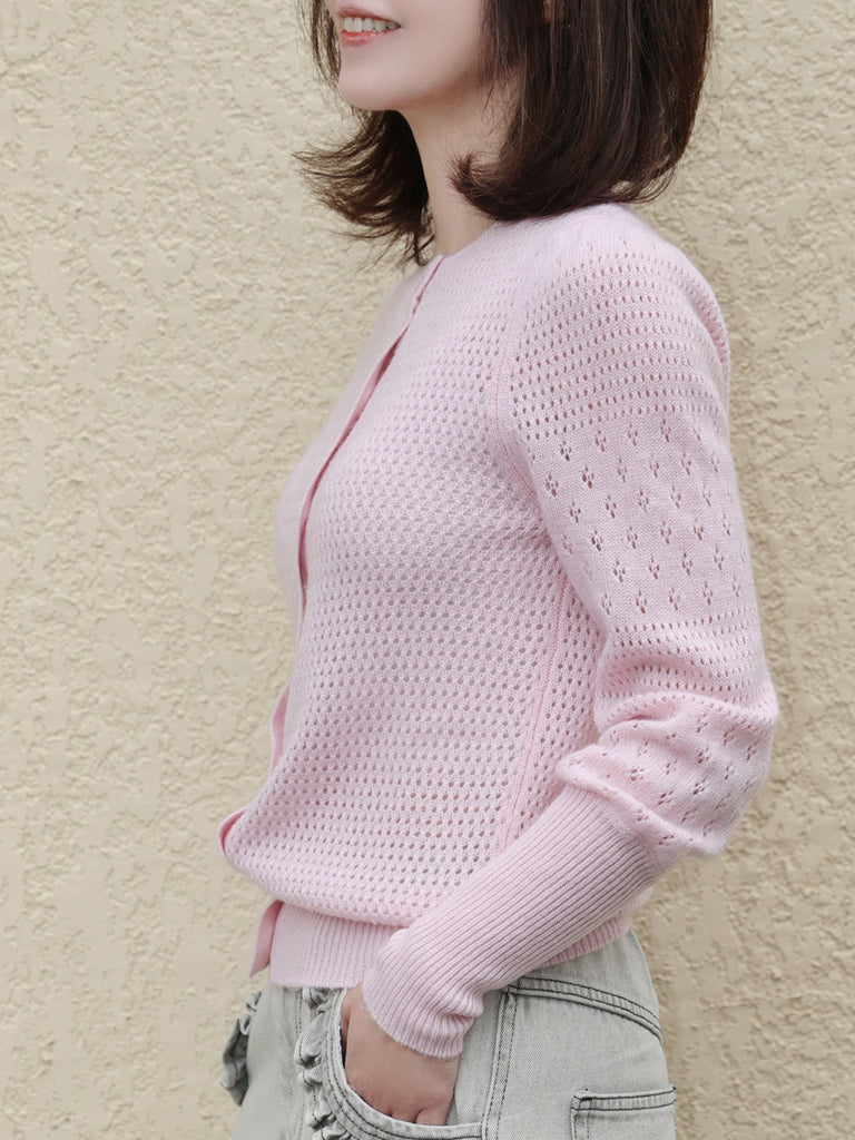 Soft Pink Pointelle Stitches Cashmere Wool Blend Cardigan