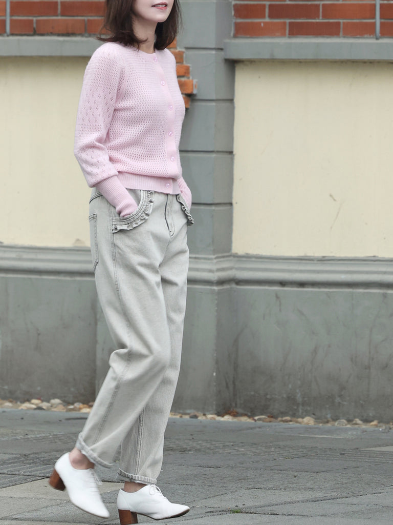 Soft Pink Pointelle Stitches Cashmere Wool Blend Cardigan