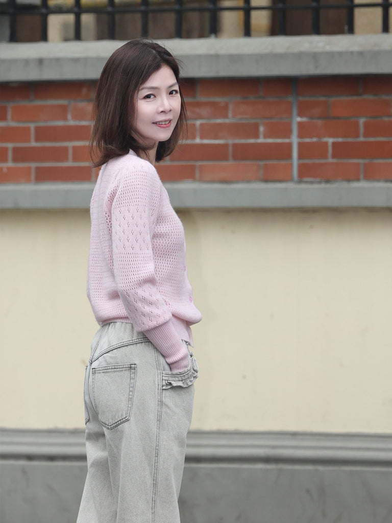 Soft Pink Pointelle Stitches Cashmere Wool Blend Cardigan