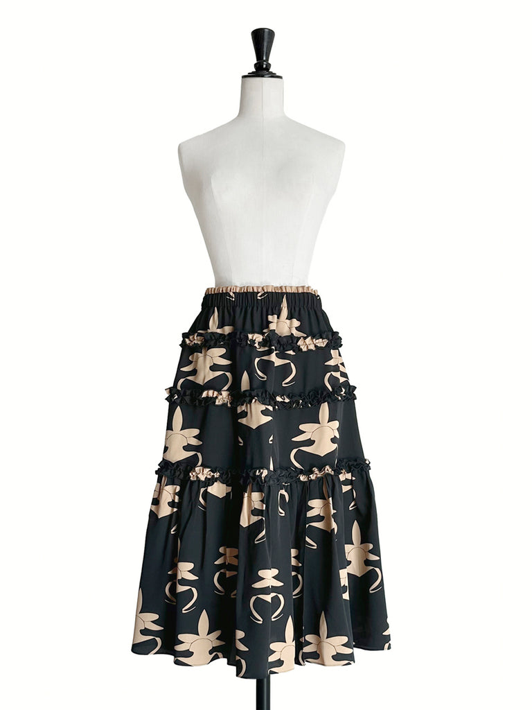 蘭花印花荷葉邊分層雪紡絲質長裙