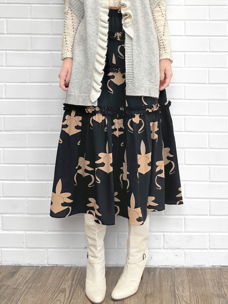 蘭花印花荷葉邊分層雪紡絲質長裙