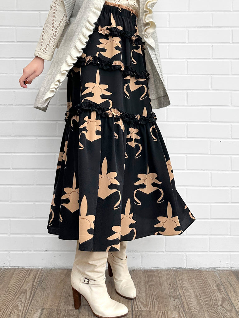 蘭花印花荷葉邊分層雪紡絲質長裙