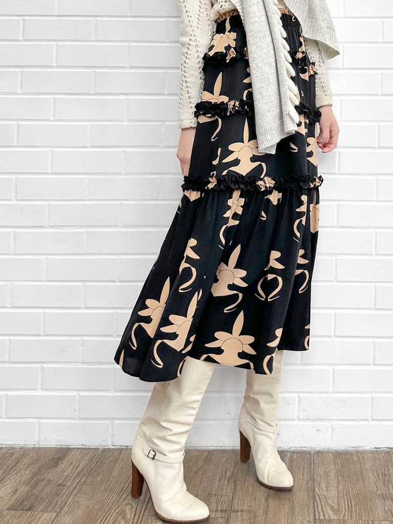 蘭花印花荷葉邊分層雪紡絲質長裙