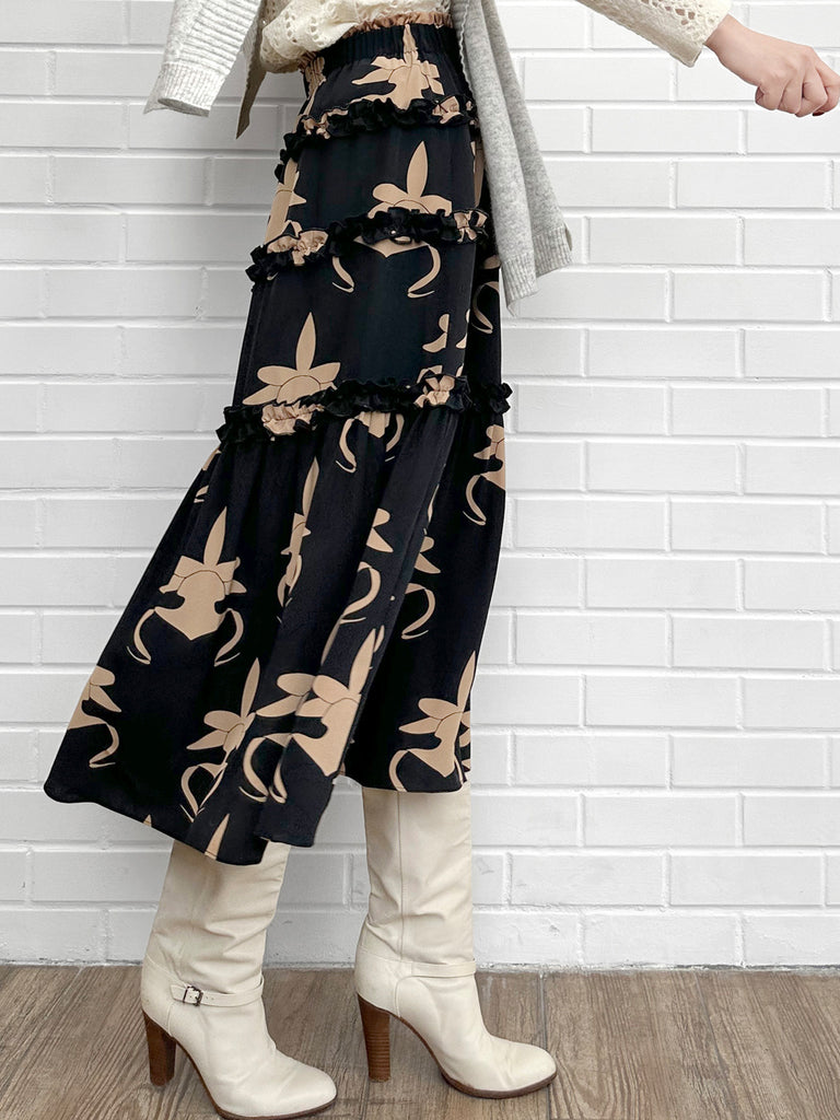 蘭花印花荷葉邊分層雪紡絲質長裙