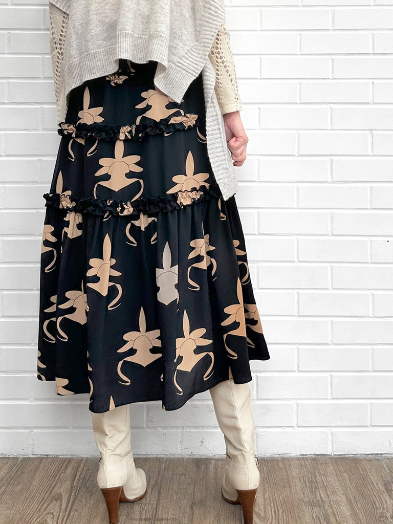 蘭花印花荷葉邊分層雪紡絲質長裙