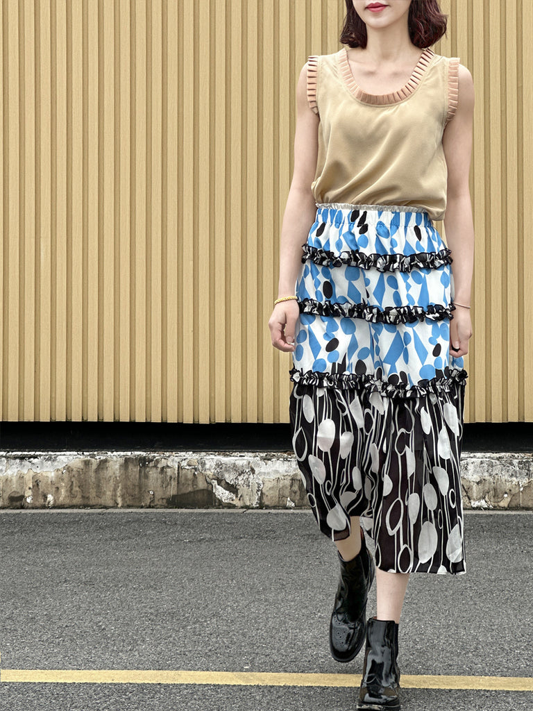 混合圓點荷葉邊分層雪紡透氣超長半身裙