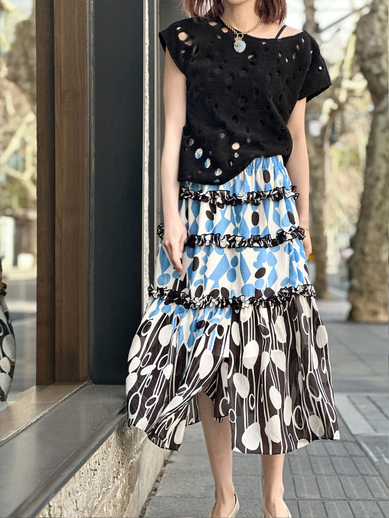 混合圓點荷葉邊分層雪紡透氣超長半身裙