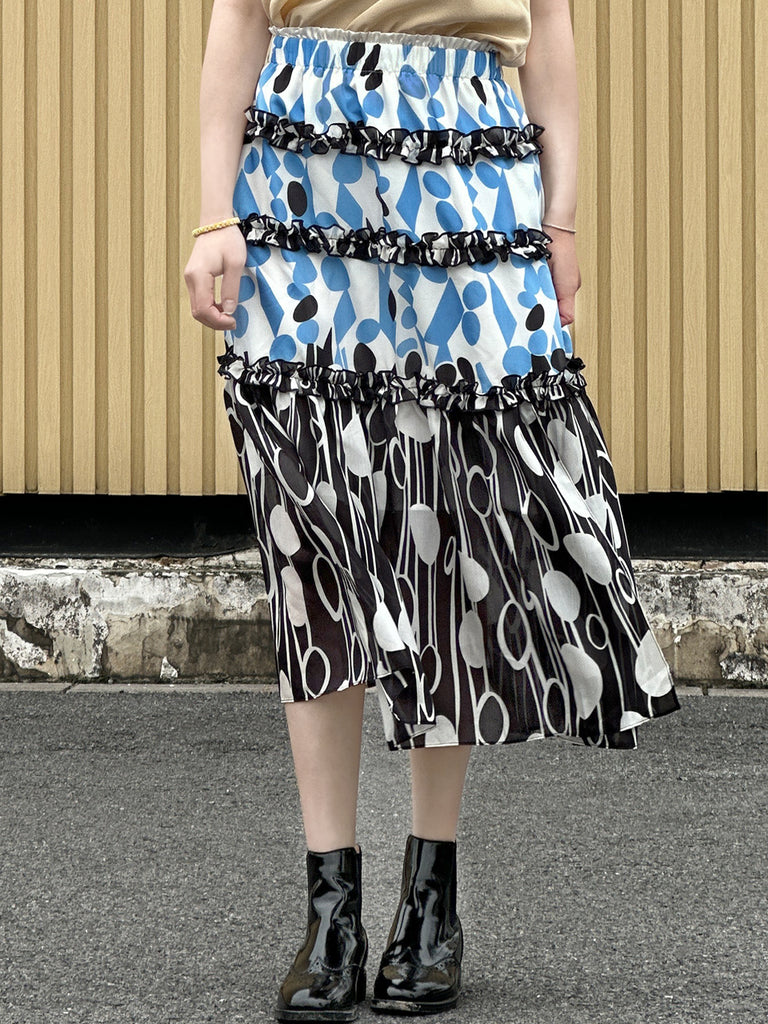 混合圓點荷葉邊分層雪紡透氣超長半身裙