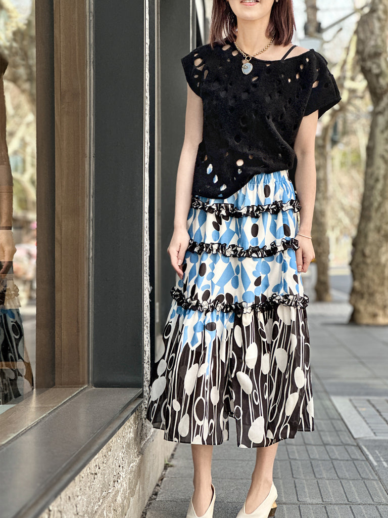 混合圓點荷葉邊分層雪紡透氣超長半身裙