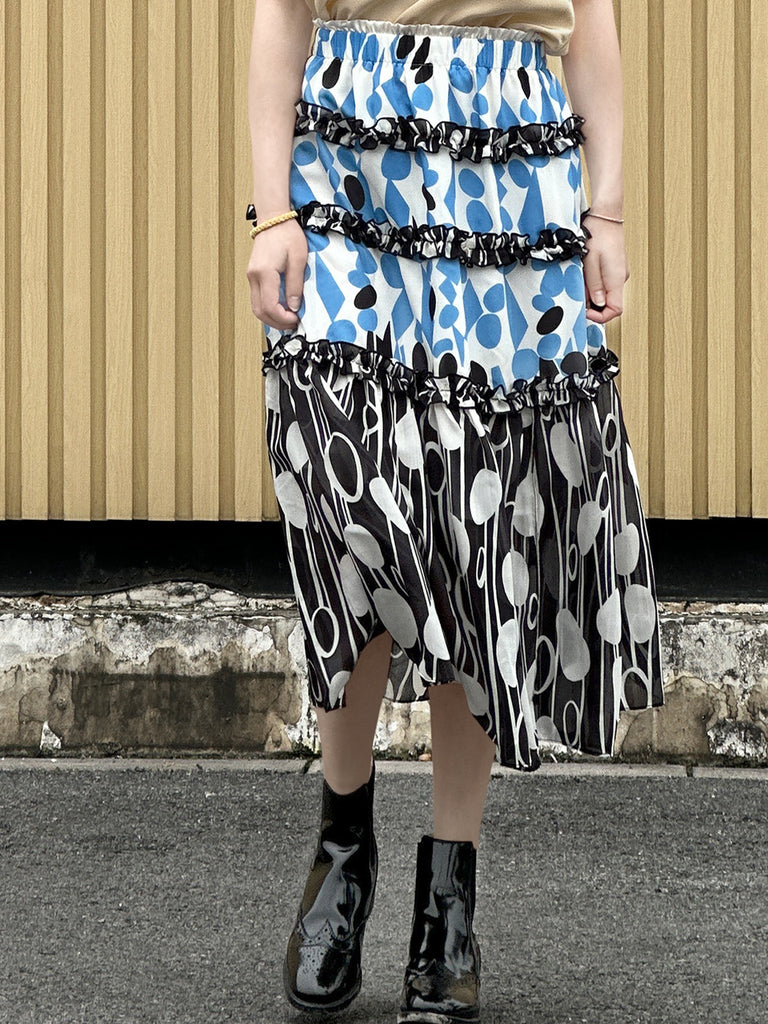 混合圓點荷葉邊分層雪紡透氣超長半身裙