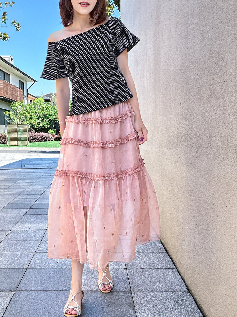 混合圓點荷葉邊分層雪紡透氣超長半身裙