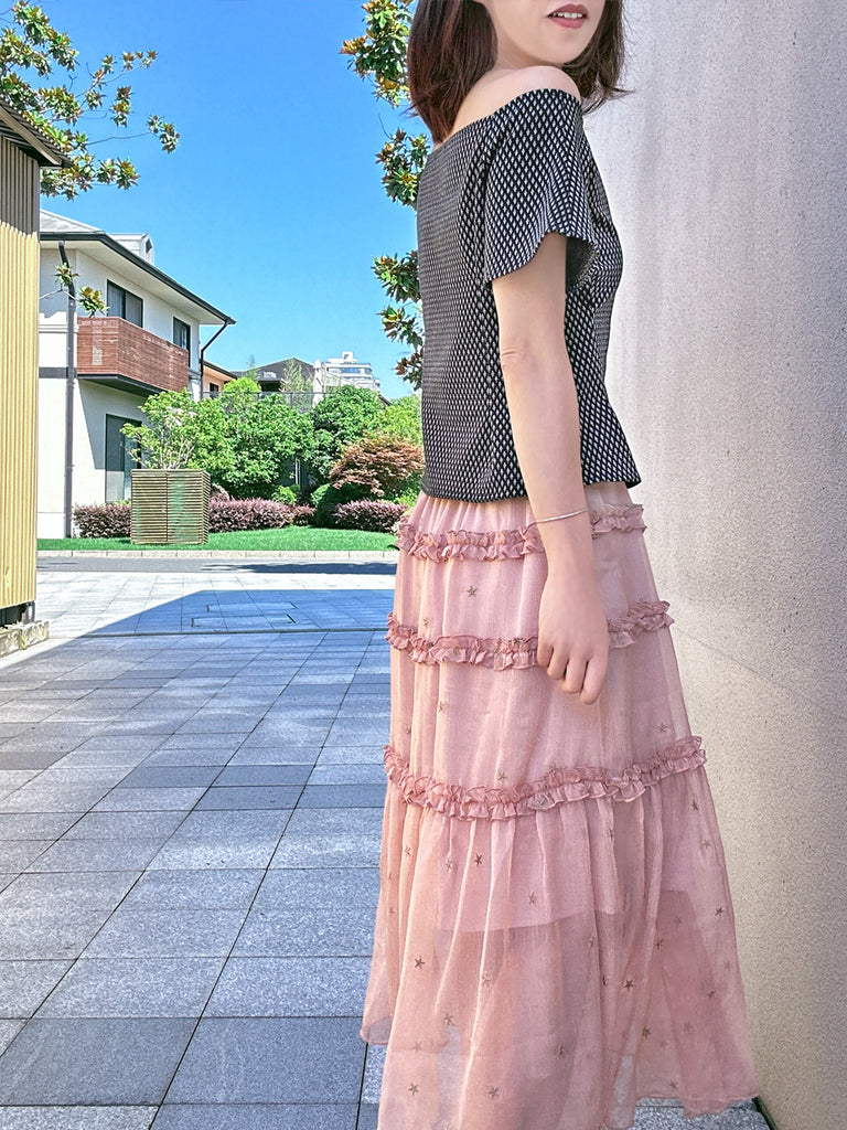 混合圓點荷葉邊分層雪紡透氣超長半身裙