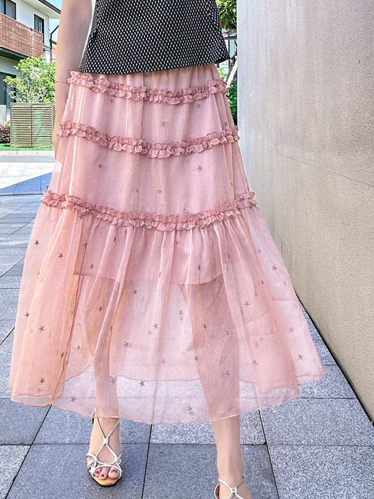 混合圓點荷葉邊分層雪紡透氣超長半身裙