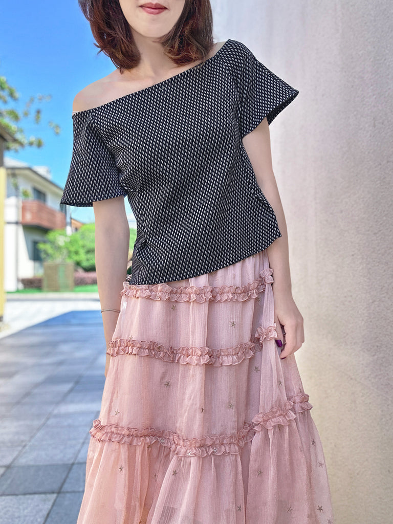 混合圓點荷葉邊分層雪紡透氣超長半身裙