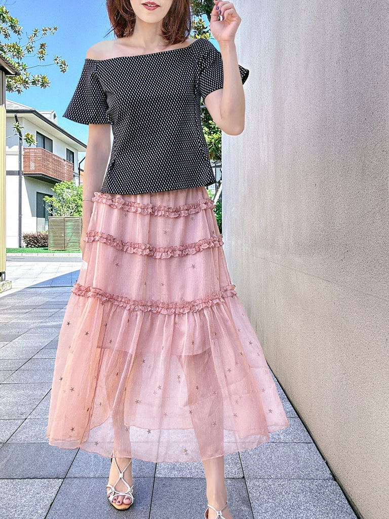 混合圓點荷葉邊分層雪紡透氣超長半身裙