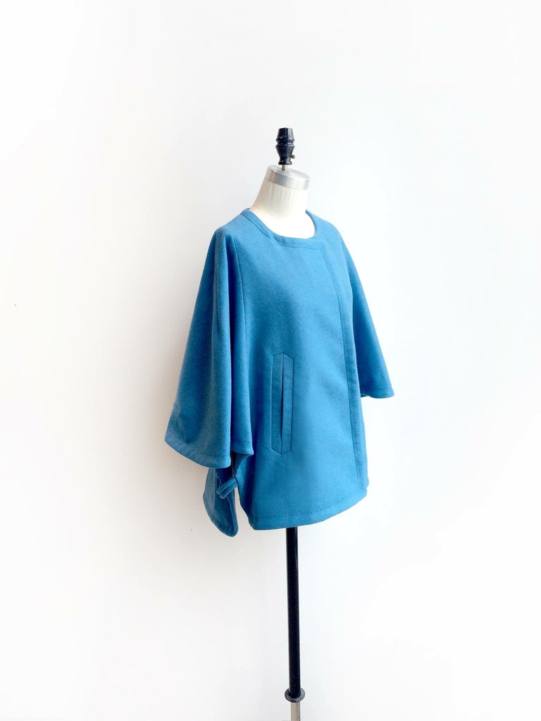 Last Chance! Sweet Blue Collarless Woollen Cape Coat