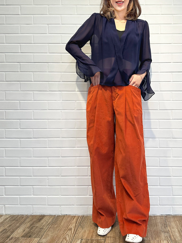 Final Sale! Midnight Ribbon Detail V-neck Frilly Cuffs Silky Blouse