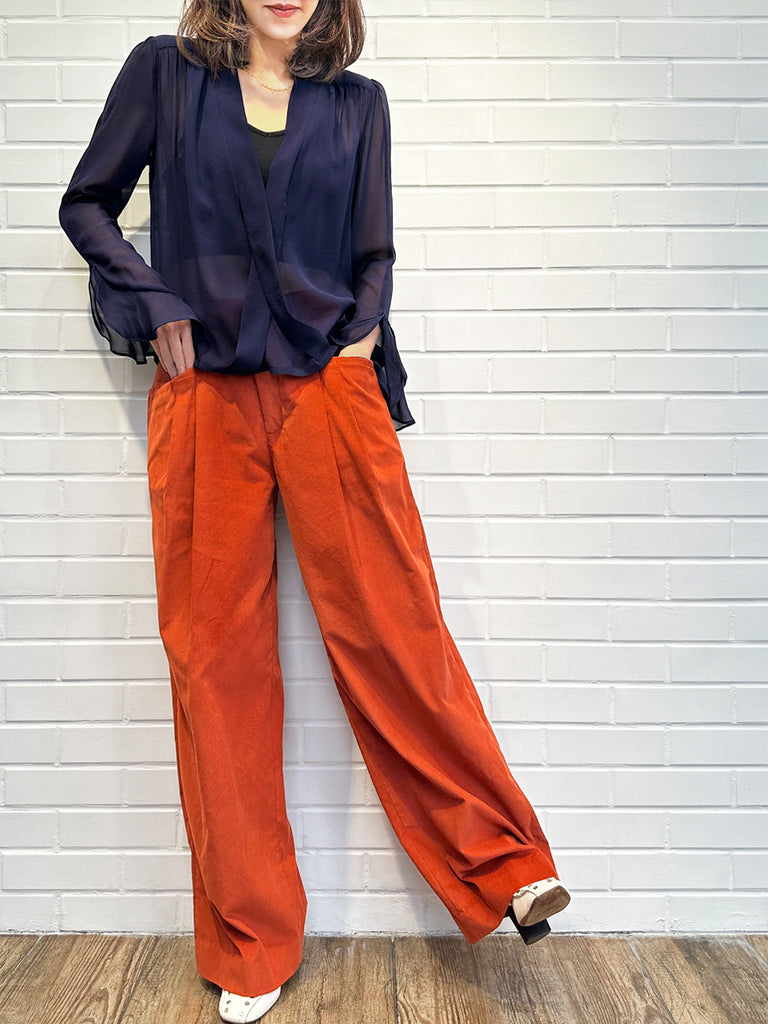 Final Sale! Midnight Ribbon Detail V-neck Frilly Cuffs Silky Blouse