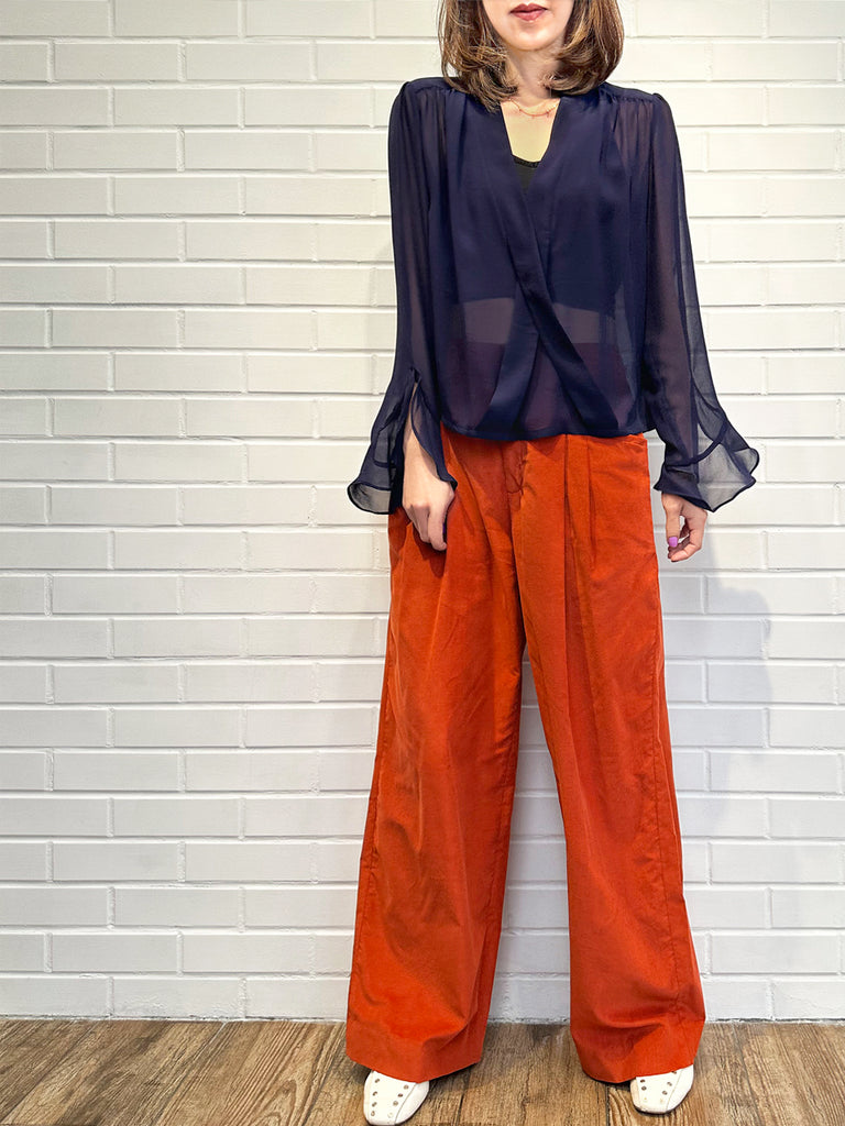 Final Sale! Midnight Ribbon Detail V-neck Frilly Cuffs Silky Blouse