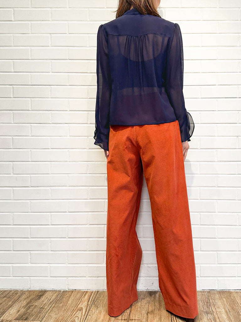 Final Sale! Midnight Ribbon Detail V-neck Frilly Cuffs Silky Blouse