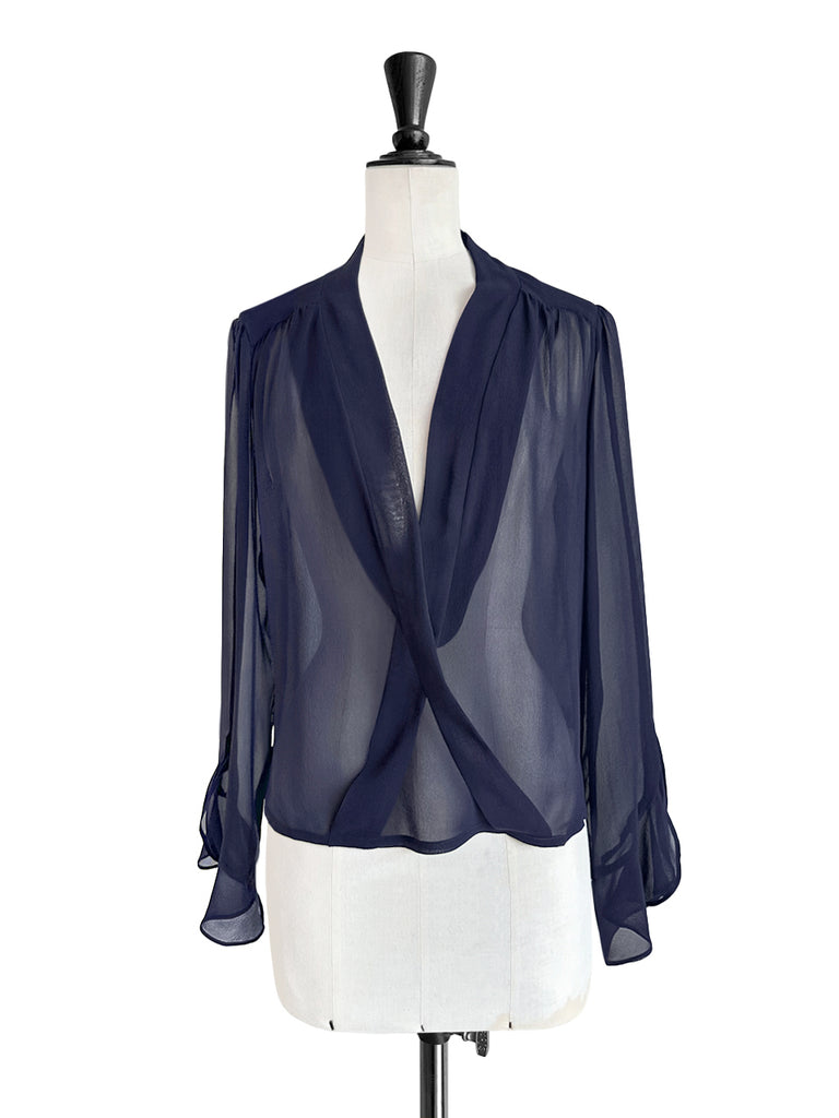 Final Sale! Midnight Ribbon Detail V-neck Frilly Cuffs Silky Blouse
