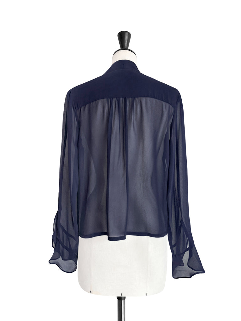 Final Sale! Midnight Ribbon Detail V-neck Frilly Cuffs Silky Blouse