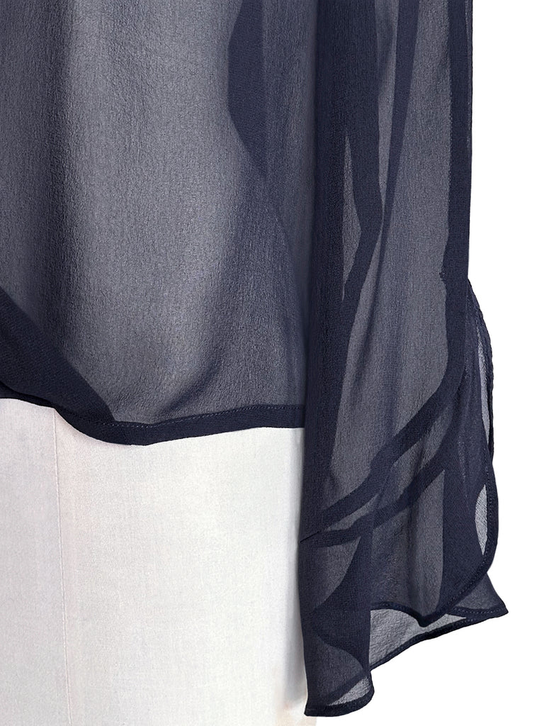 Final Sale! Midnight Ribbon Detail V-neck Frilly Cuffs Silky Blouse