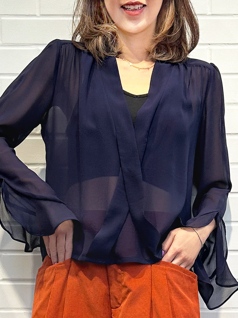 Final Sale! Midnight Ribbon Detail V-neck Frilly Cuffs Silky Blouse