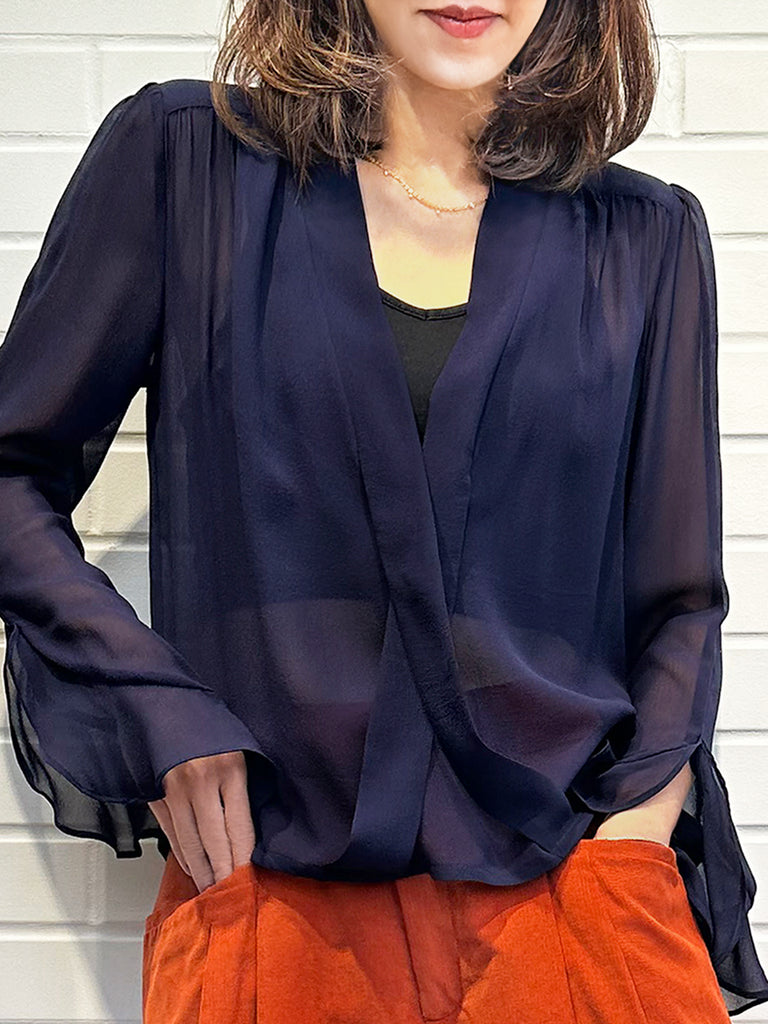 Final Sale! Midnight Ribbon Detail V-neck Frilly Cuffs Silky Blouse