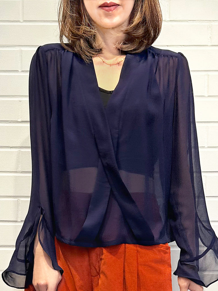 Final Sale! Midnight Ribbon Detail V-neck Frilly Cuffs Silky Blouse