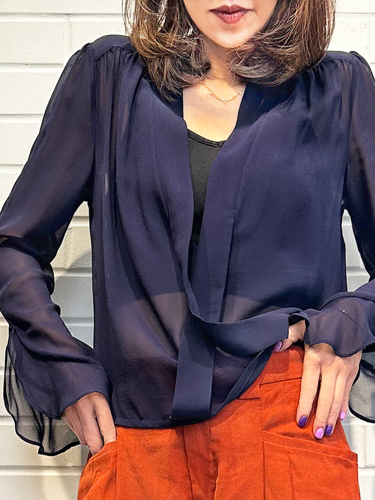 Final Sale! Midnight Ribbon Detail V-neck Frilly Cuffs Silky Blouse