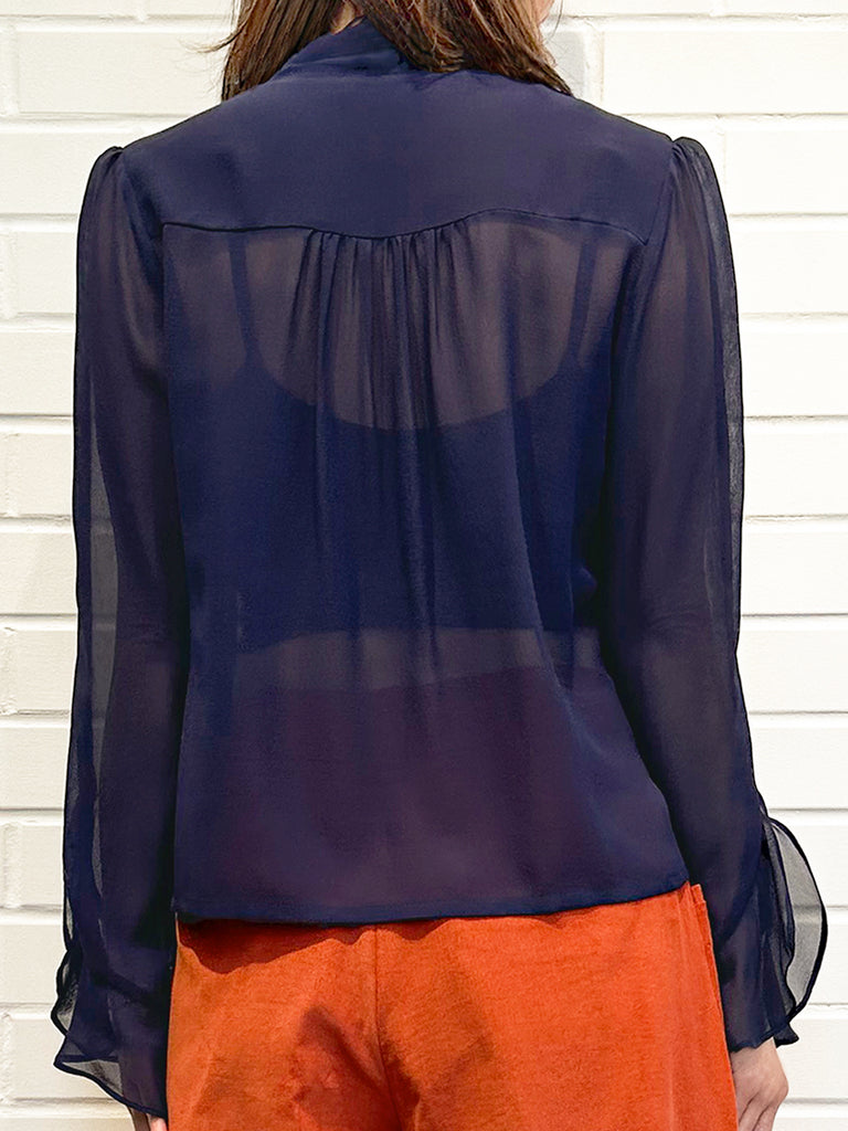 Final Sale! Midnight Ribbon Detail V-neck Frilly Cuffs Silky Blouse