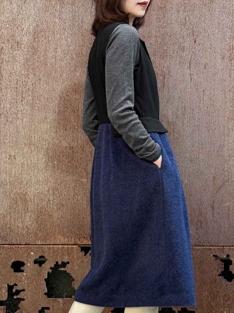 Surprise Sale! Navy/ Black Angora Wool Blend Two-Tone Gilet Dress