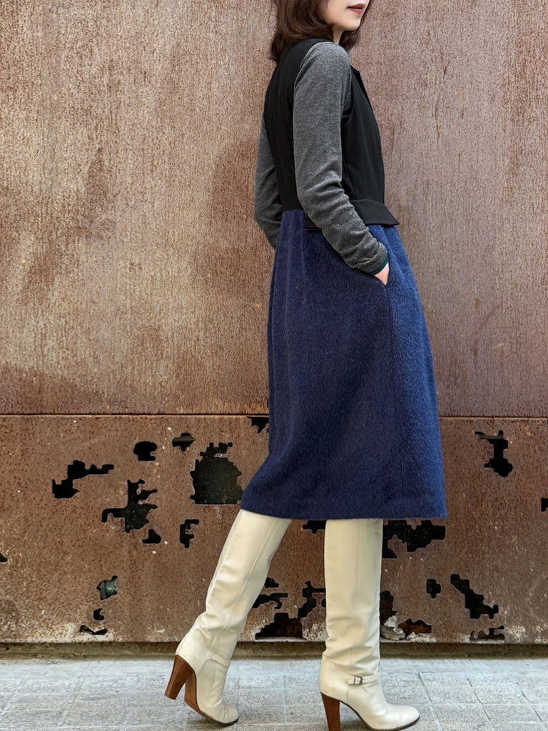 Surprise Sale! Navy/ Black Angora Wool Blend Two-Tone Gilet Dress