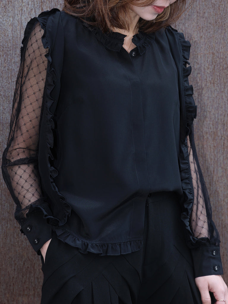 Black Dotty Lace Layered Sleeve Ruffle Luxe Silk Blouse