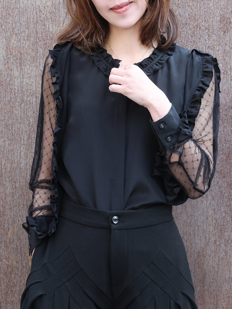 Black Dotty Lace Layered Sleeve Ruffle Luxe Silk Blouse