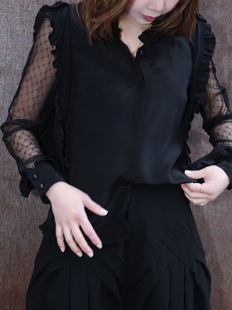 Black Dotty Lace Layered Sleeve Ruffle Luxe Silk Blouse