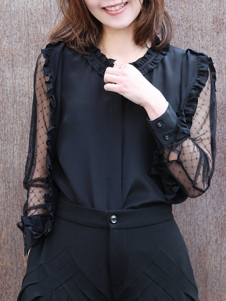 Black Dotty Lace Layered Sleeve Ruffle Luxe Silk Blouse