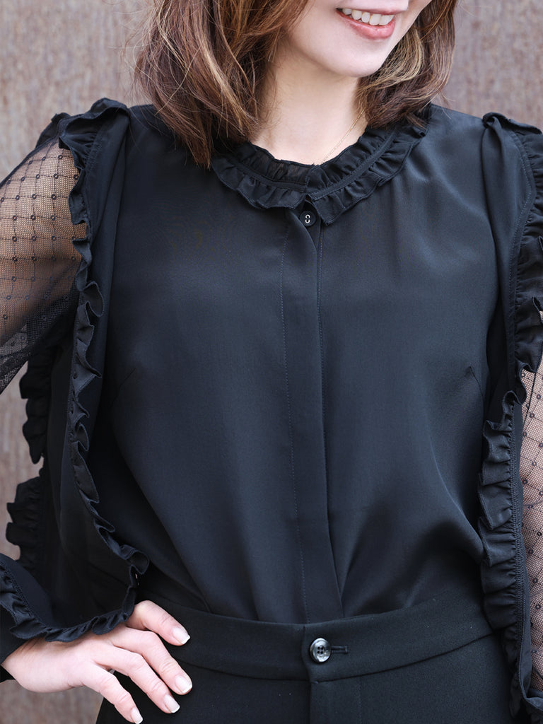 Black Dotty Lace Layered Sleeve Ruffle Luxe Silk Blouse