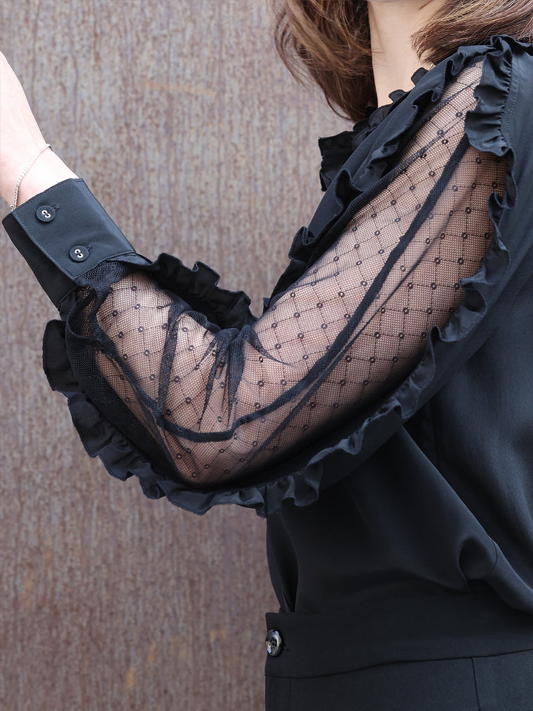 Black Dotty Lace Layered Sleeve Ruffle Luxe Silk Blouse