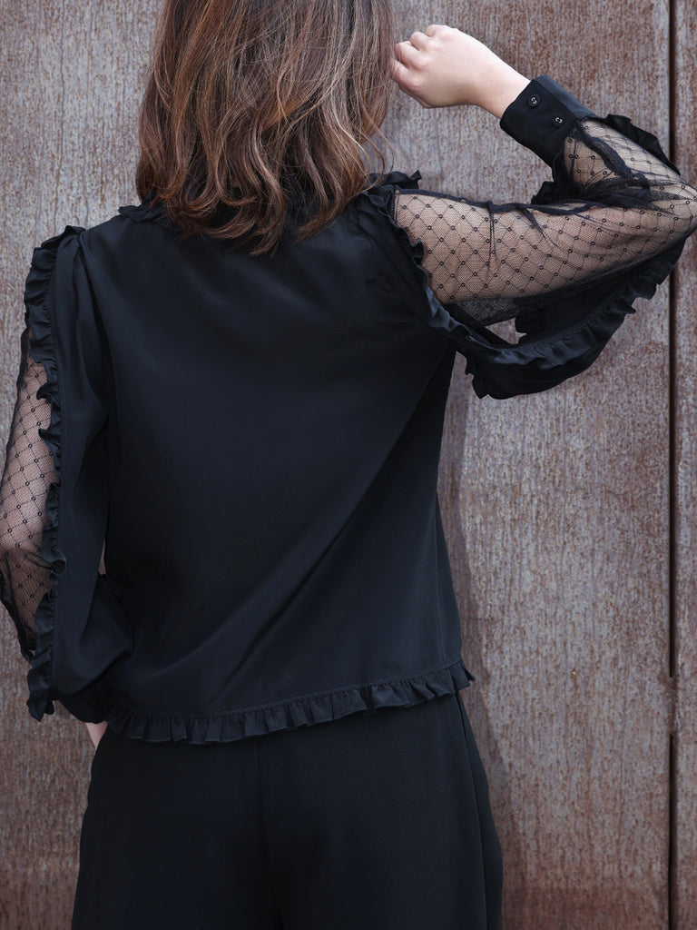 Black Dotty Lace Layered Sleeve Ruffle Luxe Silk Blouse