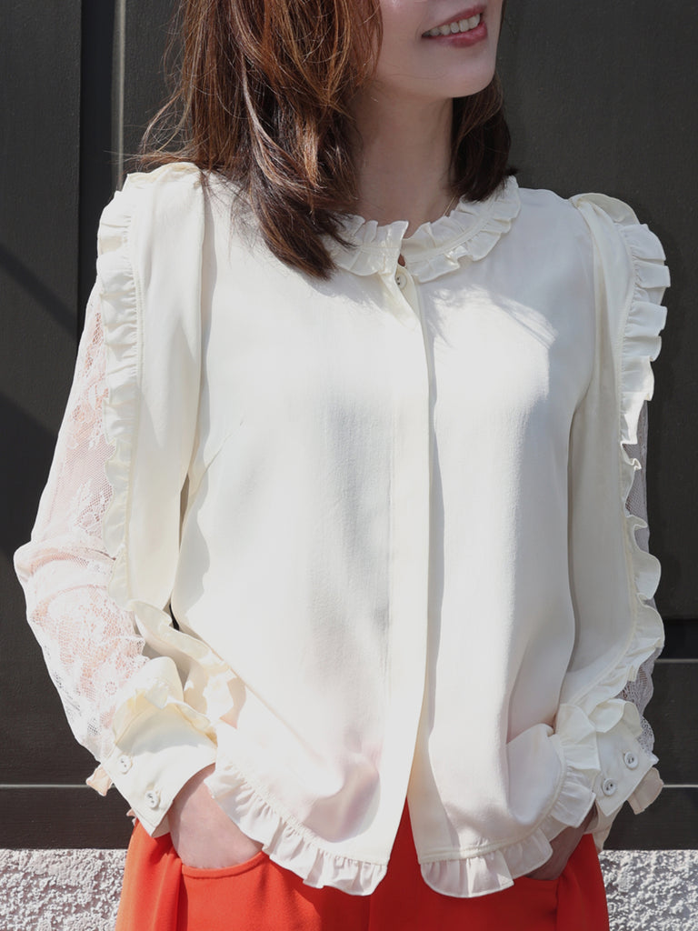 白色蕾絲分層袖荷葉邊奢華絲質襯衫