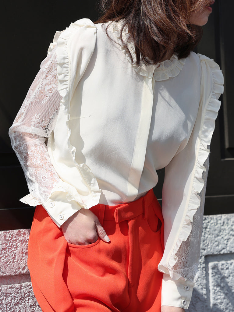 白色蕾絲分層袖荷葉邊奢華絲質襯衫