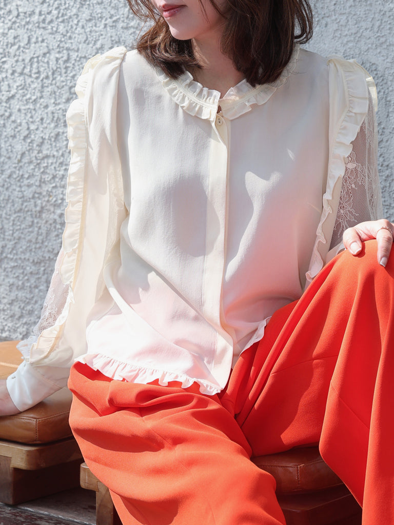 白色蕾絲分層袖荷葉邊奢華絲質襯衫