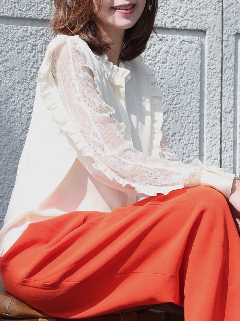 白色蕾絲分層袖荷葉邊奢華絲質襯衫