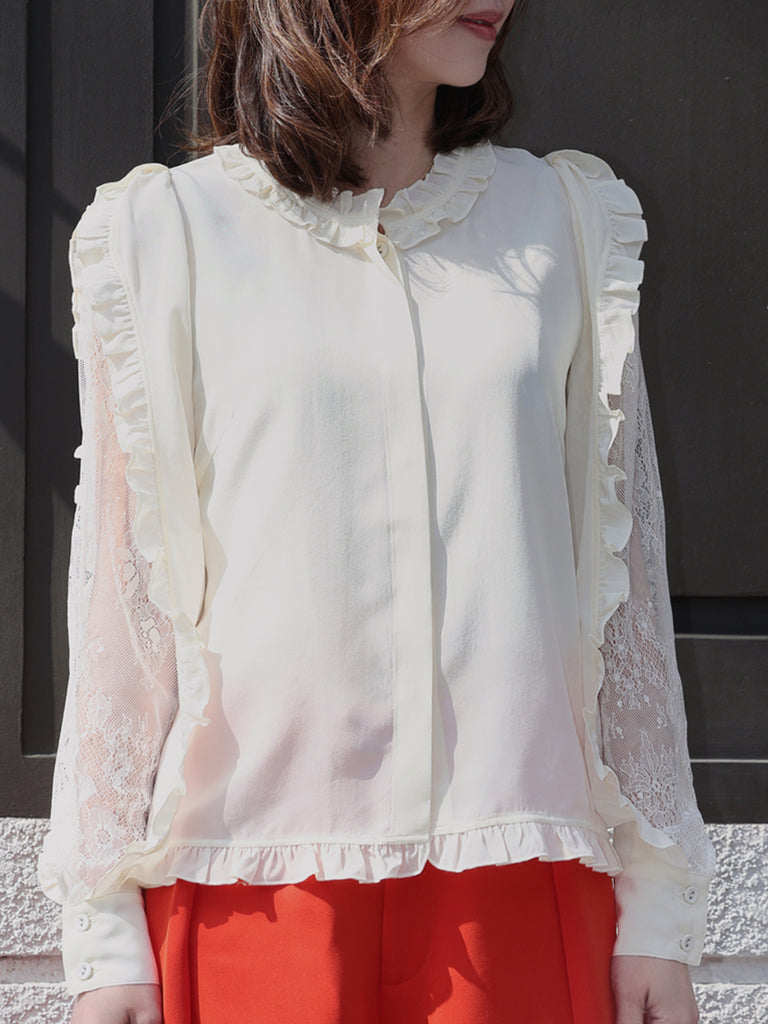 白色蕾絲分層袖荷葉邊奢華絲質襯衫