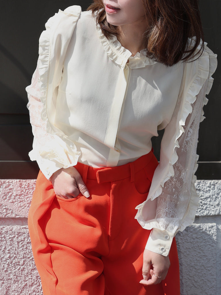 白色蕾絲分層袖荷葉邊奢華絲質襯衫