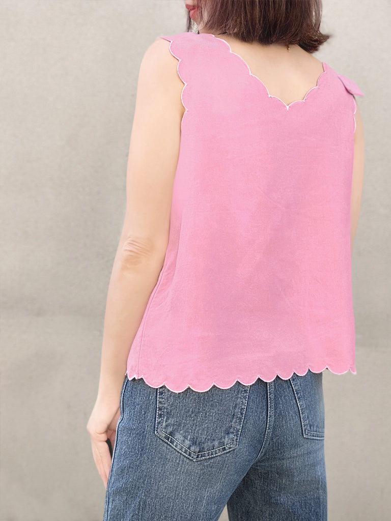 Final Sale! Pink Scallop V-neck Silk Tank With Removable Bow